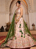 Peach Tissue Lehenga with Mirror, Sequin, and Moti Embroidery Work for Wedding