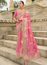 Peach Tissue Silk Saree with Embroidery Cut Work Border and Raw Silk Embroidered Blouse
