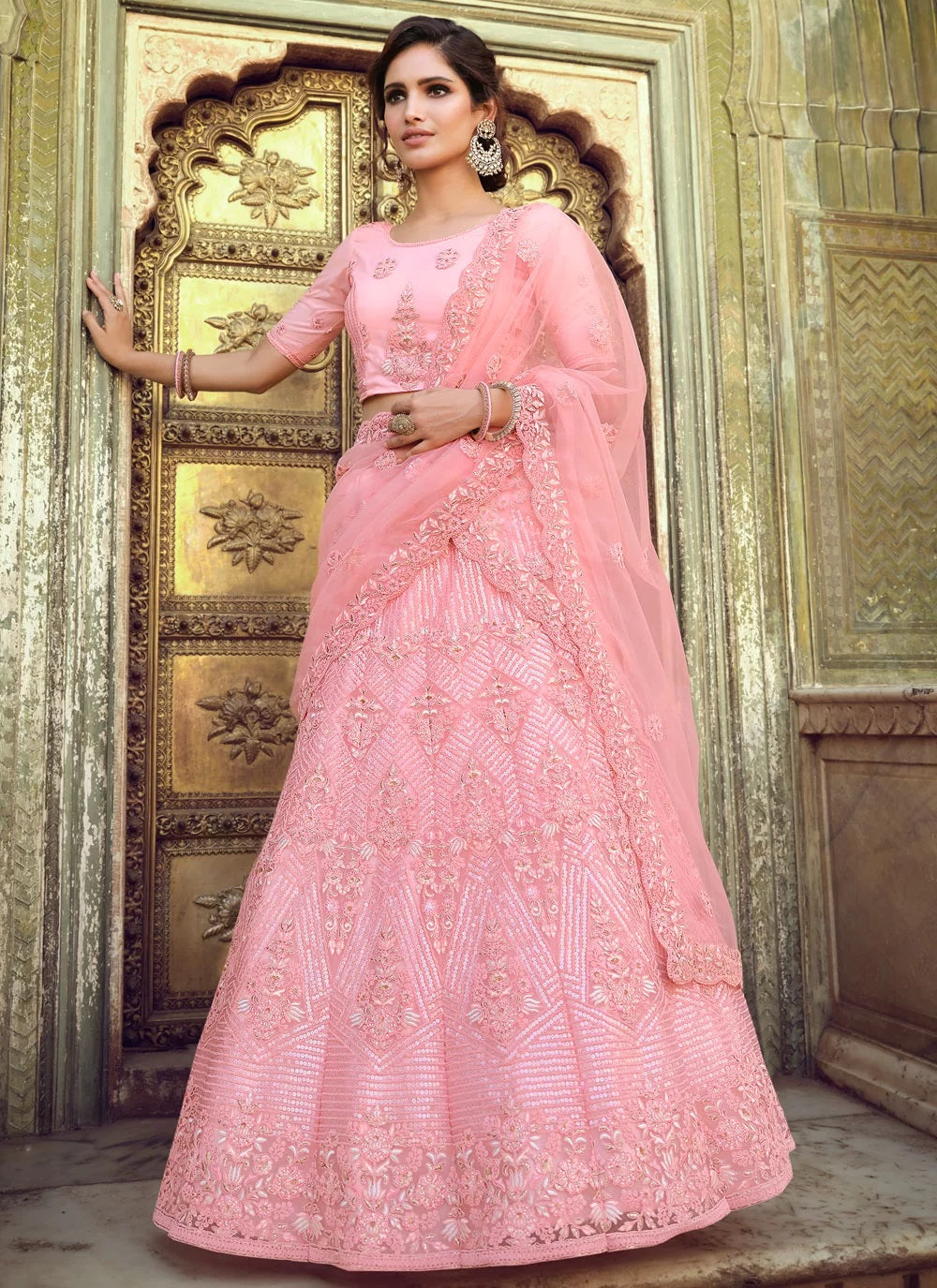 Peach Wedding Net Lehenga with Sequin and Zari Work In Soft Net Fabric Unstitched