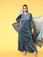Peacock Blue Velvet Kurta and Palazzo Ensemble for Women