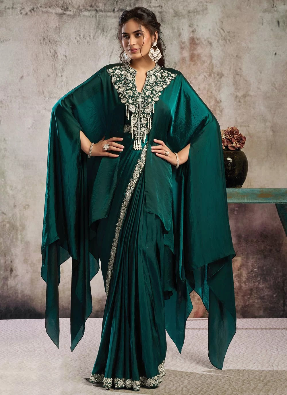 Peacock green ready to wear saree in two tone satin