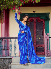 Blue chiffon floral printed saree with pearl lace border