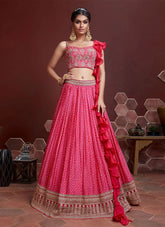 Pink and Gold Embroidered Lehenga Choli Set with Threadwork Dupatta
