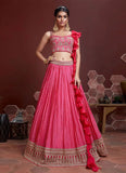Pink and Gold Embroidered Lehenga Choli Set with Threadwork Dupatta