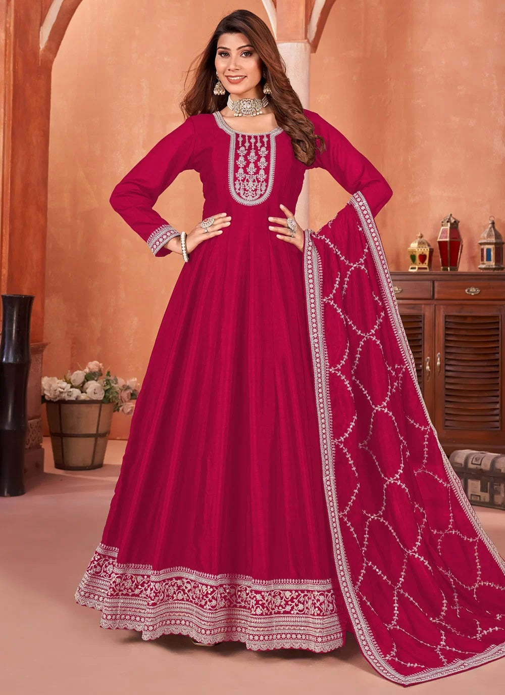 Pink Art Silk Embroidered Graceful Indian Anarkali Suit for Women