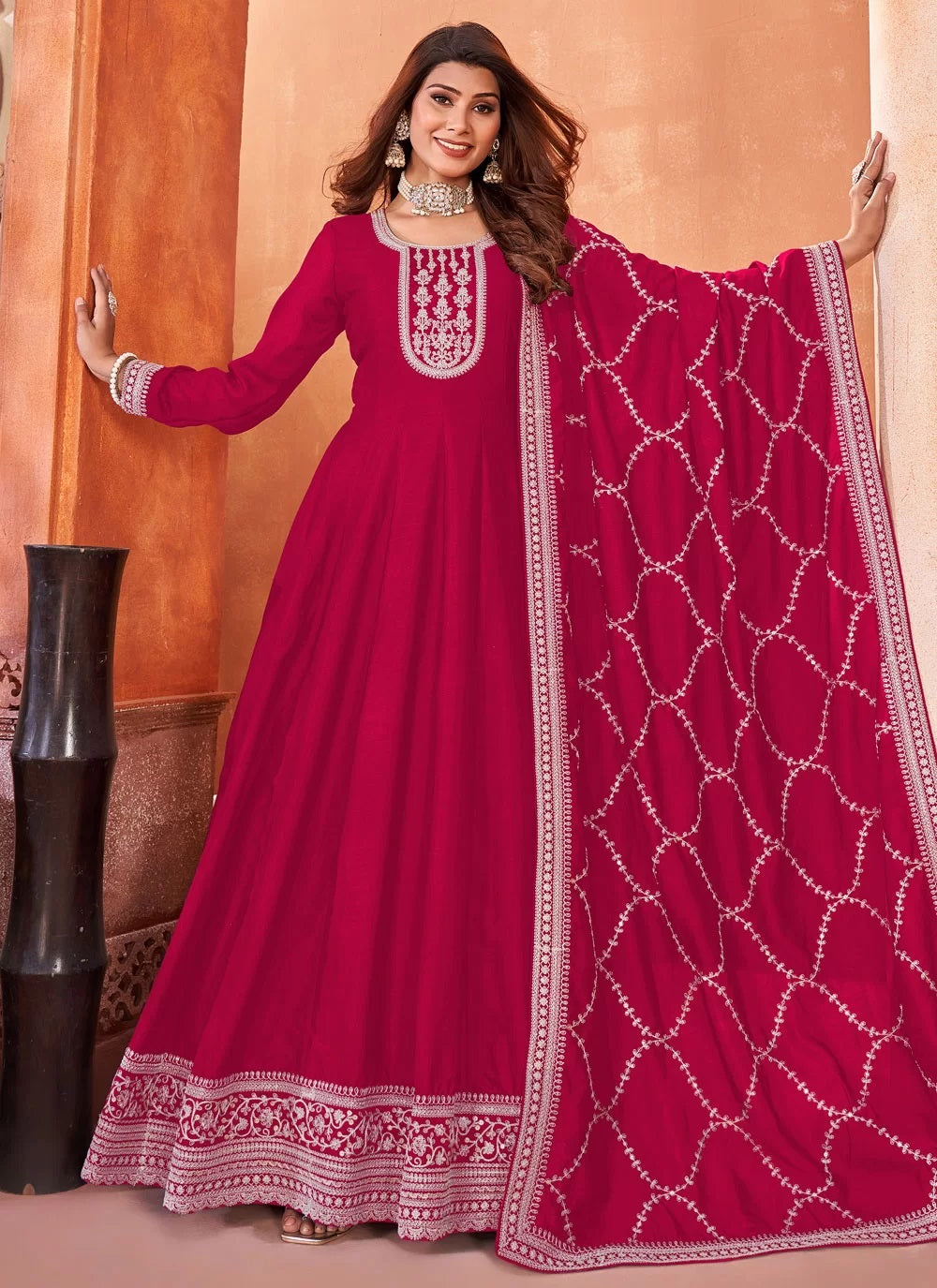 Pink Art Silk Embroidered Graceful Indian Anarkali Suit for Women