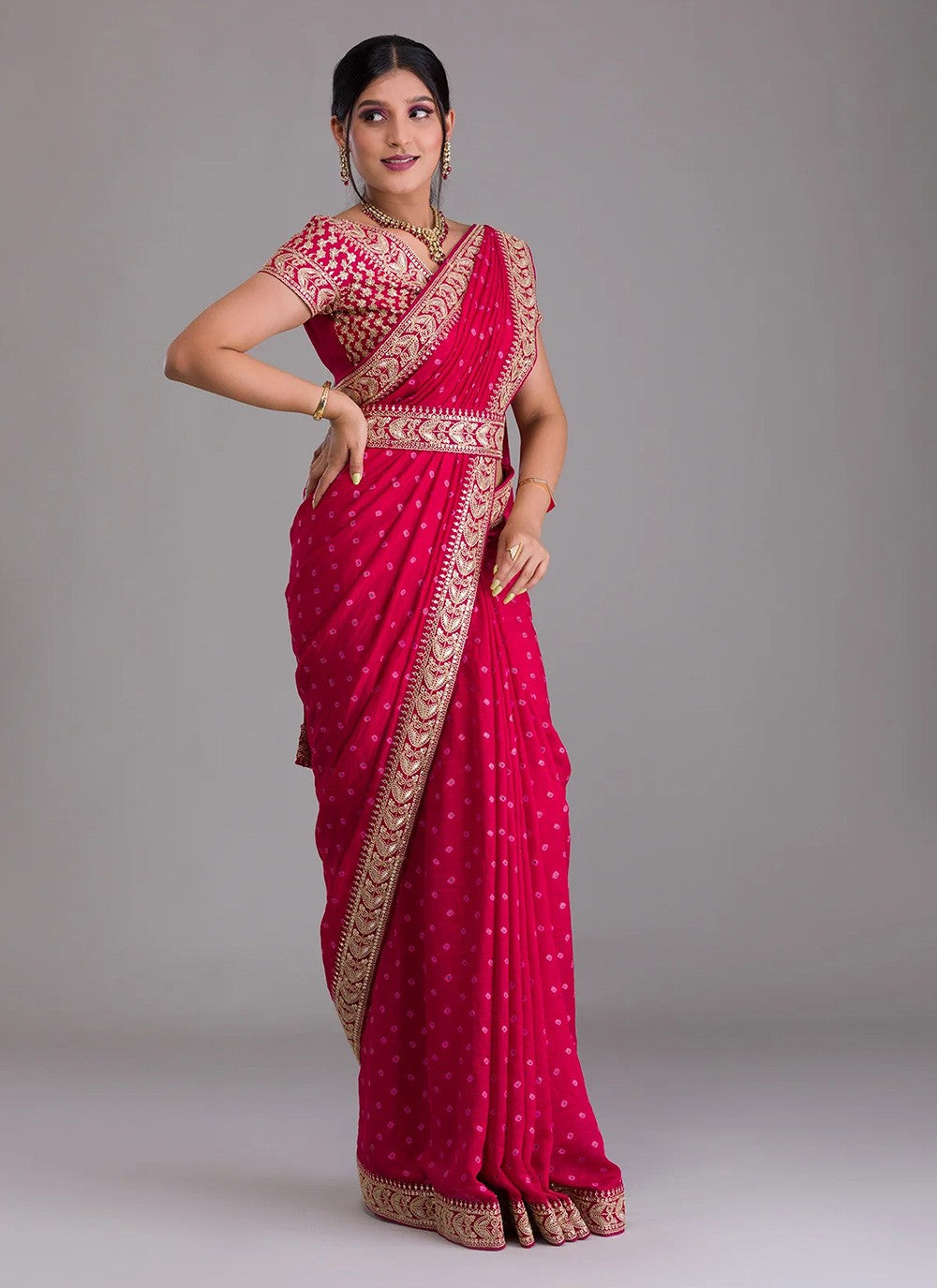 Pink Bandhani Print Georgette Indian Saree with Embroidered Border
