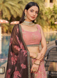Pink Brown Georgette Thread Work Bridesmaid Lehenga