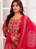 Pink Chanderi embroidered readymade party wear suit with printed dupatta