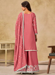 Pink Chinnon silk embroidered palazzo suit with dupatta