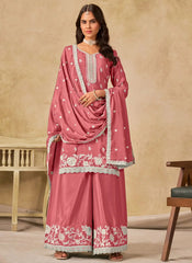 Elegant Pink Chinnon Silk Embroidered Palazzo Suit Set for Women | Festive Wear
