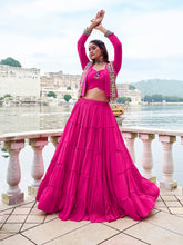 Pink rayon lehenga with cowrie lace detailing