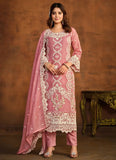 Pink Color Organza Based Embroidered Straight Cut Suit