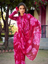 Pink chiffon floral printed saree with pearl lace border