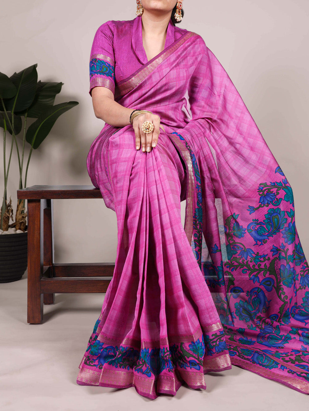 Pink chanderi saree with zari weaving