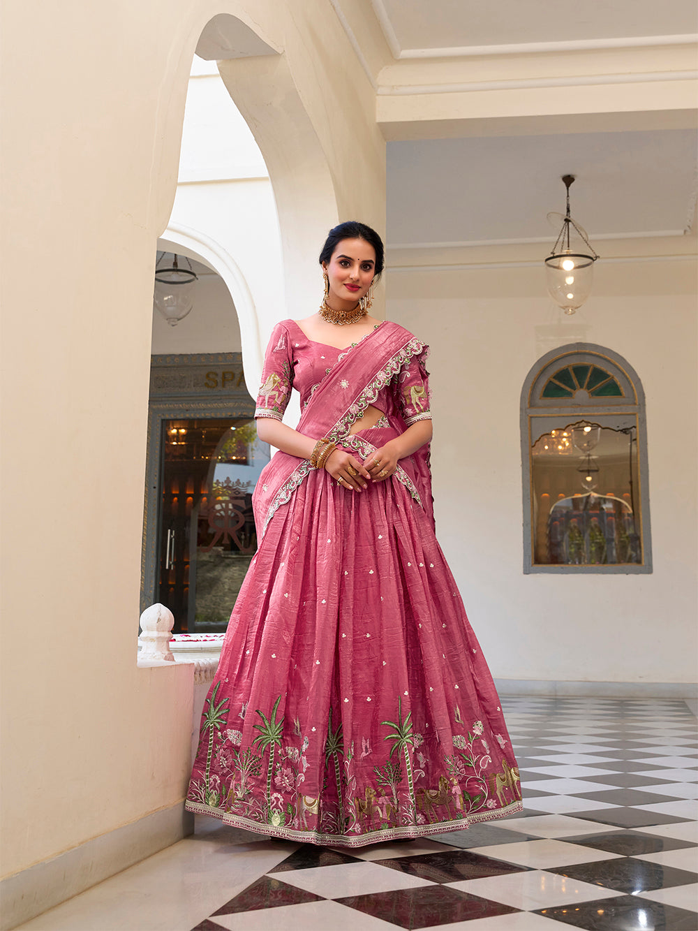 Pink gold crush lehenga choli with sequins embroidery