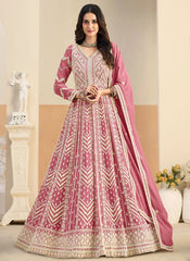 Pink embroidered Anarkali suit in faux georgette fabric