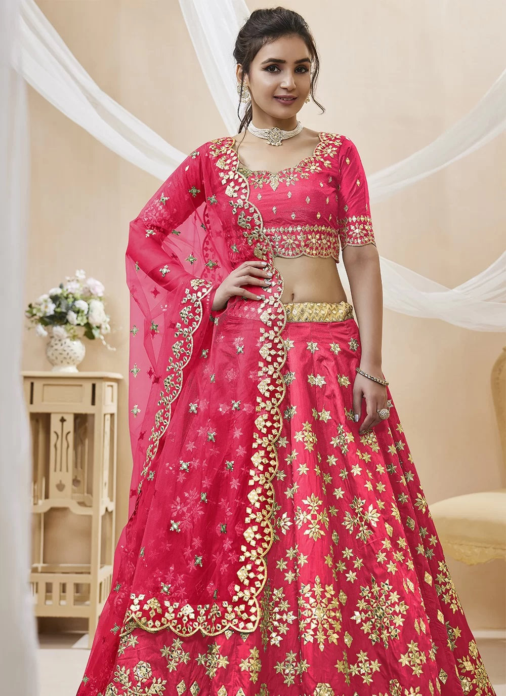 Pink Embroidered Art Silk Indian Wedding Lehenga