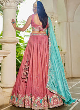 Pink Golden Satin Embroidered Wedding Lehenga Choli with Sea Green Dupatta