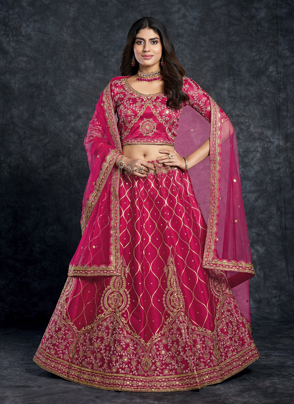 Pink Italian Silk Diamond ari and Sequins Work Lehenga Choli