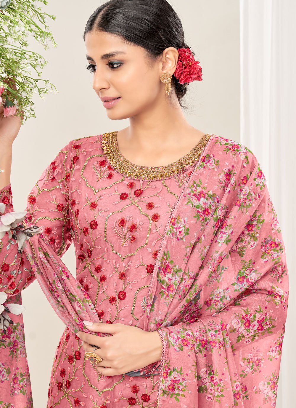 Pink Net Embroidered Patiyala Salwar Suit