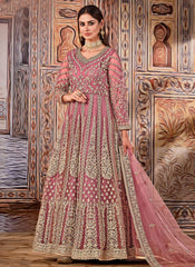 Pink Net Heavy Embroidery Work Long Anarkali Suit For Eid