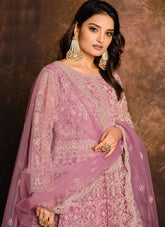 Pink Net Resham work Floor Length Salwar Suit