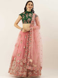 Pink Net Semi Stitched Coding and Mirror work Lehenga Choli