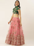 Pink Net Semi Stitched Coding and Mirror work Lehenga Choli