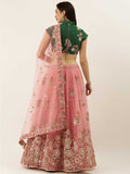 Pink Net Semi Stitched Coding and Mirror work Lehenga Choli