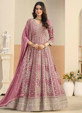 Pink faux georgette Anarkali suit with front and back embroidery