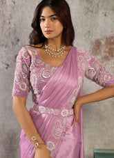 Party wear pink satin saree with sequins and beads