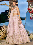 Pink reception lehenga with embroidered tissue dupatta