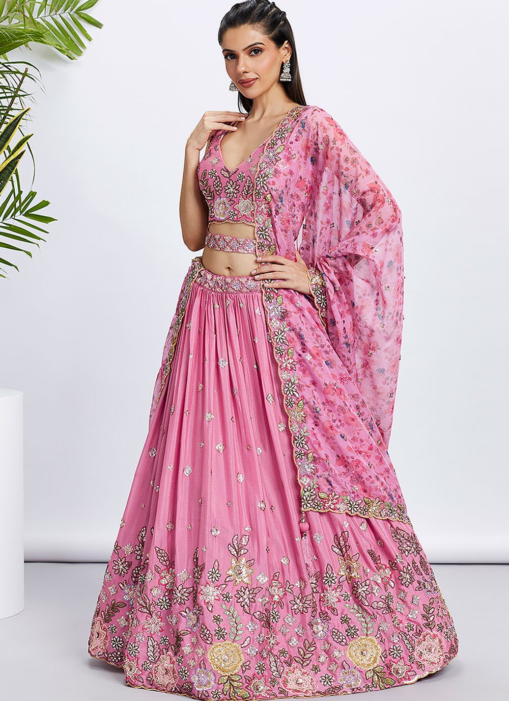 Pink Silk Chiffon Sequins Work Wedding Lehenga