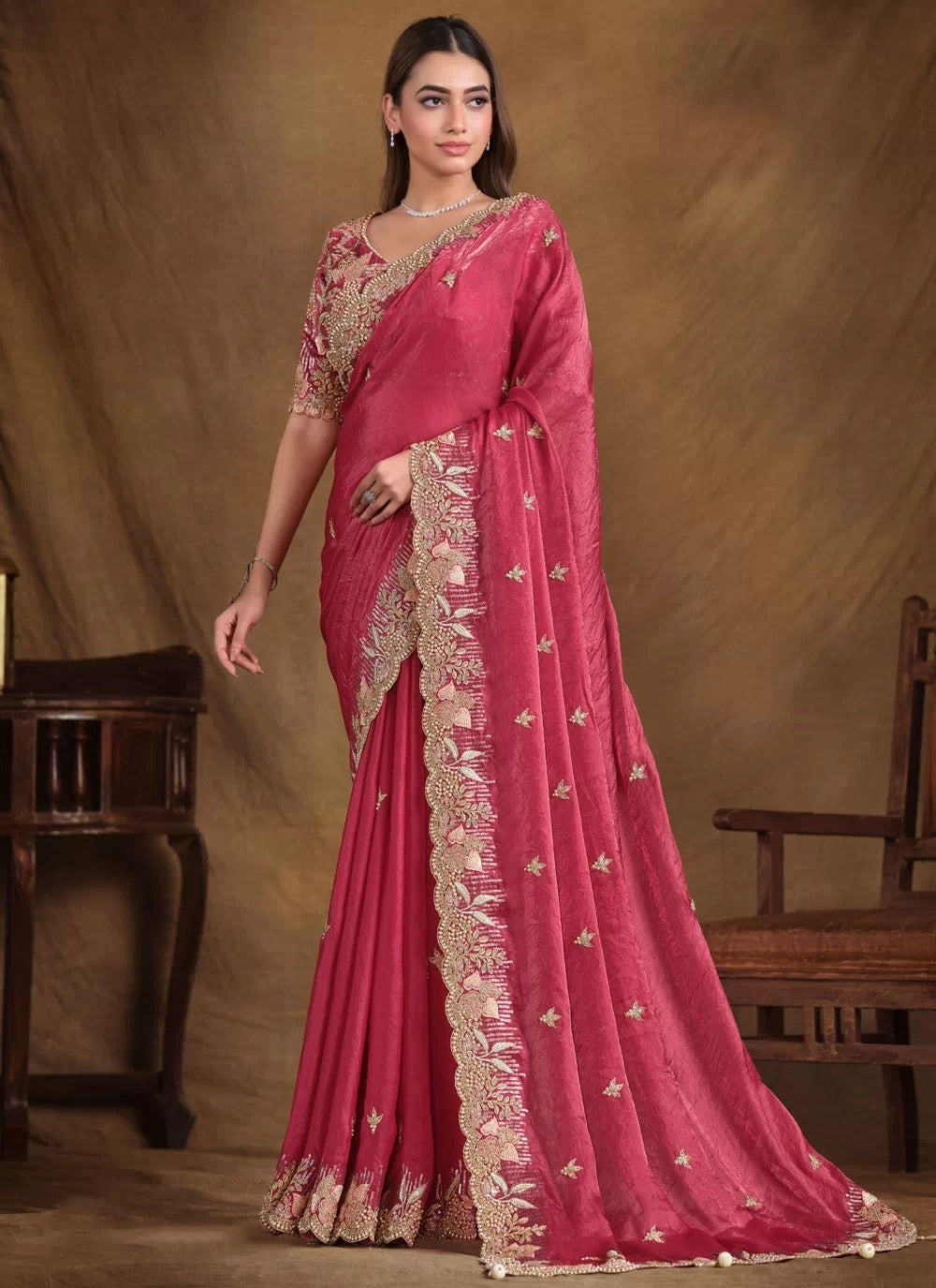 Pink Party Wear Saree with Belt and Unstitched Blouse