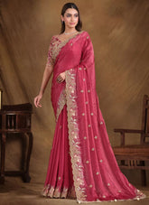 Pink Party Wear Saree with Belt and Unstitched Blouse