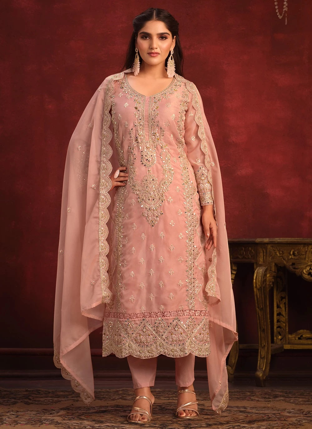 Pink Viscose organza Embroidery Pakistani Straight Suit