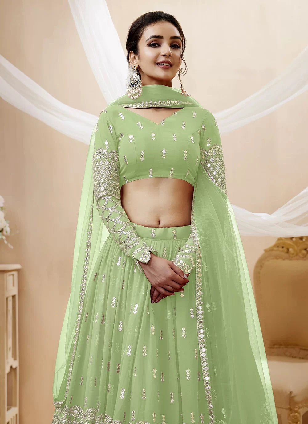 Pista Embroidered Georgette Indian Party Lehenga