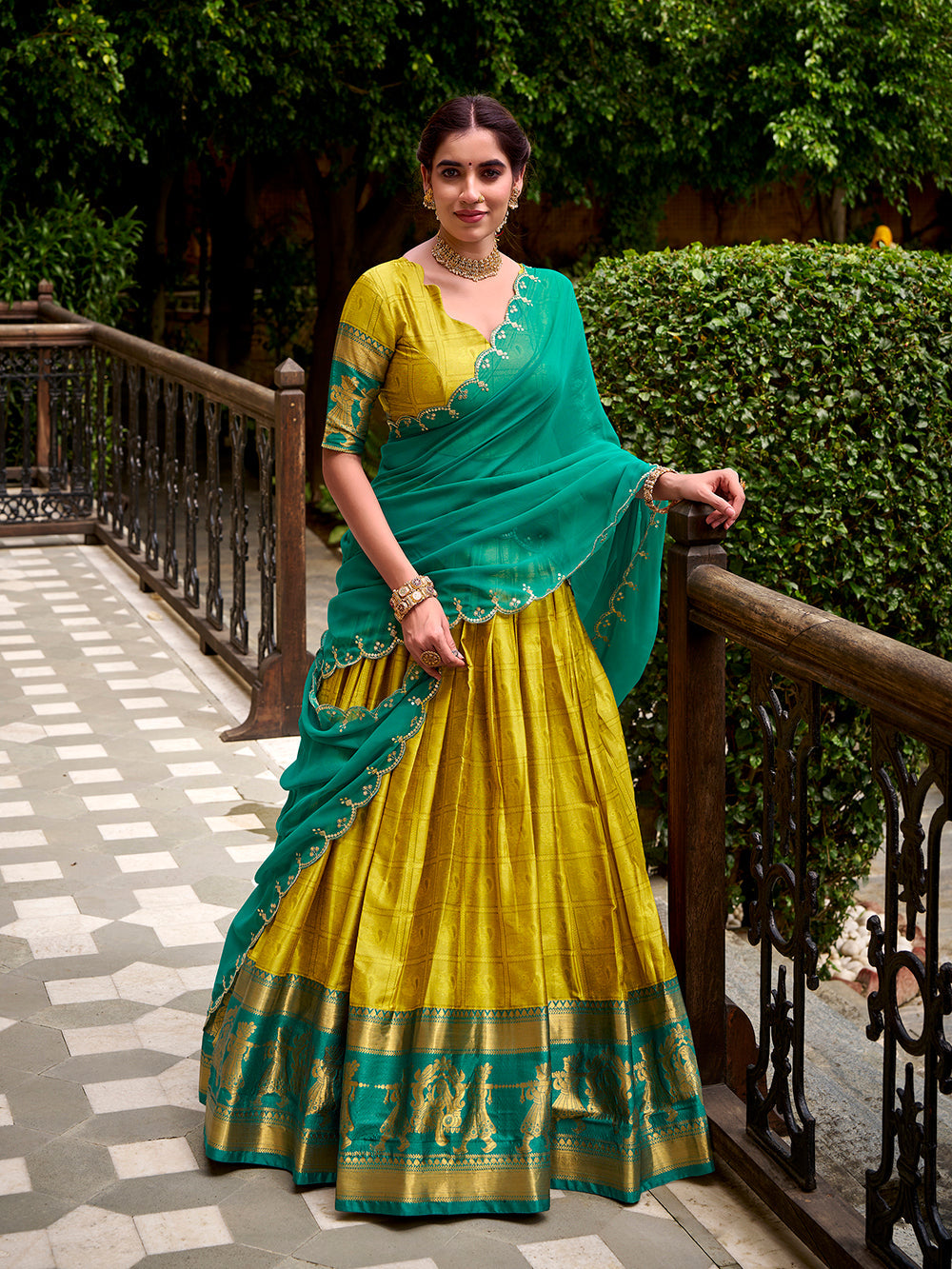 Yellow Poly Cotton Lehenga with Zari Weaving