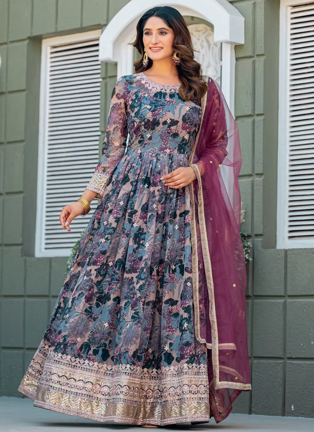 Premium Designer Taby Silk Gown with Embroidery & Net Diamond Dupatta | Gunj Fashion