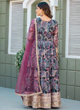 Premium Designer Taby Silk Gown with Embroidery and Net Diamond Dupatta