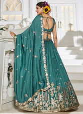 Prestigious Teal Georgette Lehenga with Sequins & Embroidery