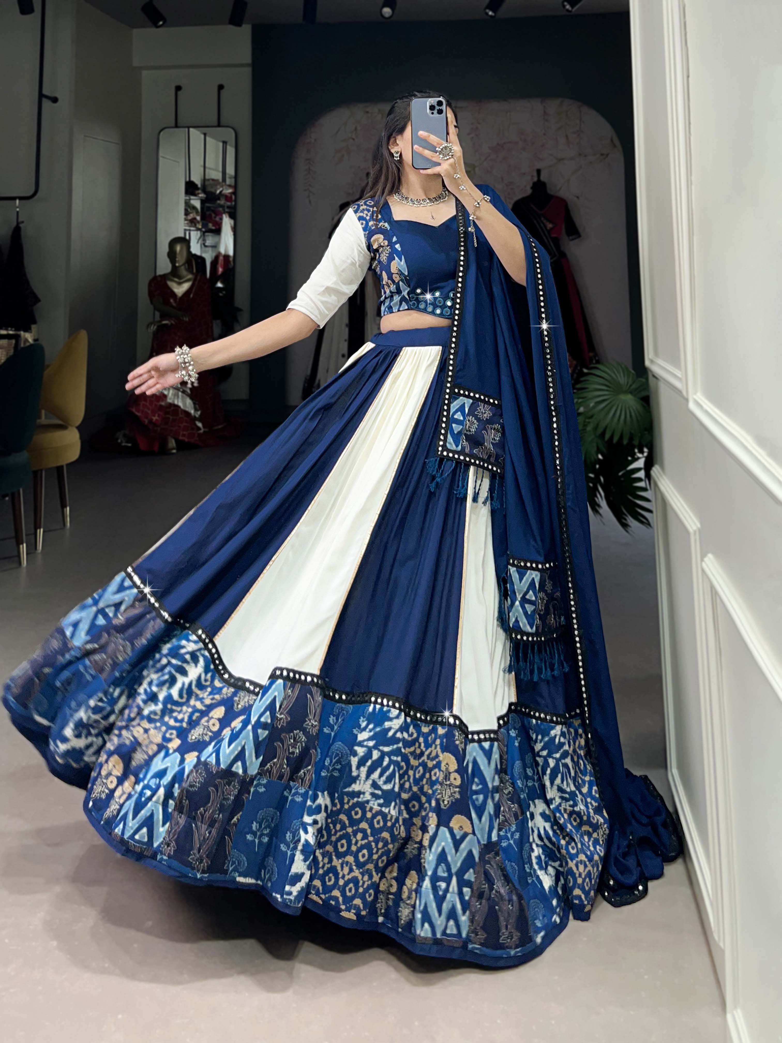 Blue rayon Gamthi lehenga choli with paper mirror work