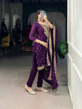 Purple Color Sequins And Thread Embroidery Work Vichitra Silk Salwar Suit