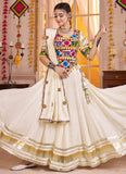 White Kutchi chaniya choli with mirror and lampi border lehenga for Navratri