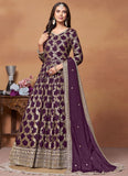 Purple Anarkali Suit in Dola Jacquard with Chinnon Dupatta and Zari Work
