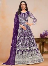 Purple embroidered Anarkali suit with net dupatta for women
