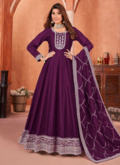 Purple Art Silk Embroidered Indian Long Anarkali Suit