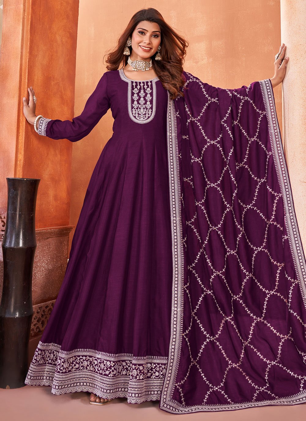 Purple Art Silk Embroidered Indian Long Anarkali Suit