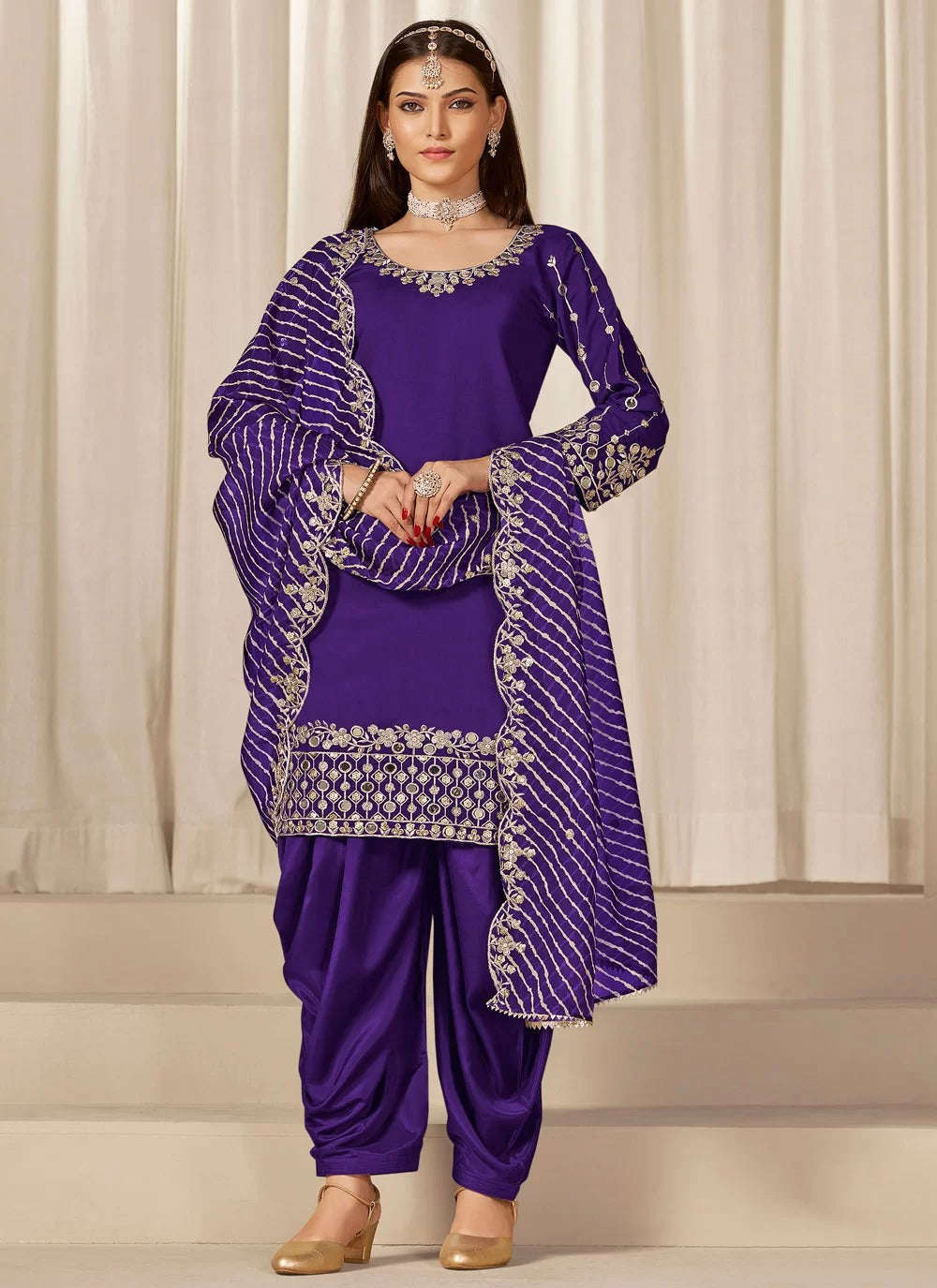 Purple Punjabi Suit for Women | Mirror Work Chanderi Silk Suit